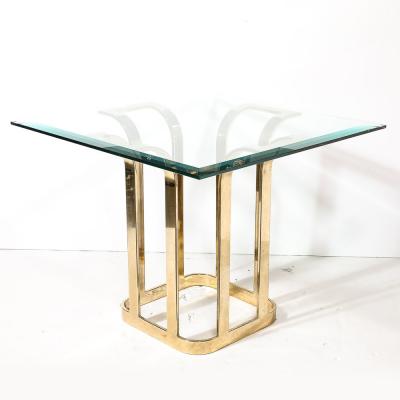 Mid Century Modernist Stylized Tulip Form Banded Brass Dining Table w Glass Top
