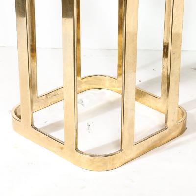Mid Century Modernist Stylized Tulip Form Banded Brass Dining Table w Glass Top