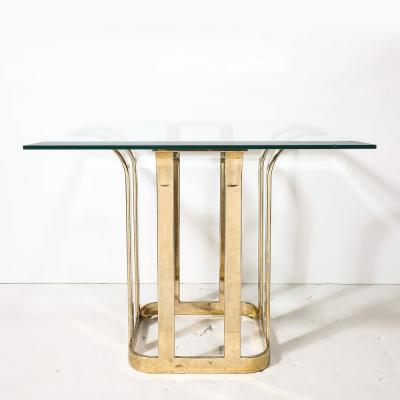 Mid Century Modernist Stylized Tulip Form Banded Brass Dining Table w Glass Top