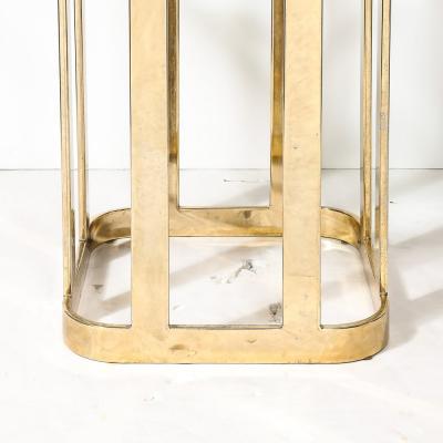 Mid Century Modernist Stylized Tulip Form Banded Brass Dining Table w Glass Top