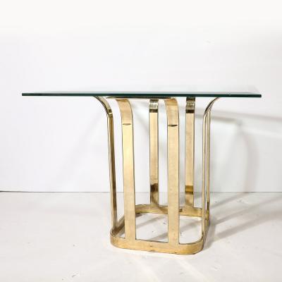 Mid Century Modernist Stylized Tulip Form Banded Brass Dining Table w Glass Top