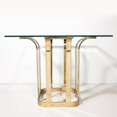 Mid Century Modernist Stylized Tulip Form Banded Brass Dining Table w Glass Top