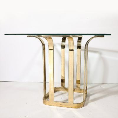 Mid Century Modernist Stylized Tulip Form Banded Brass Dining Table w Glass Top