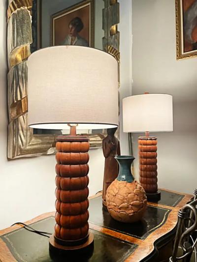Mid Century Modernist Wood Table Lamps with New Shades Pair