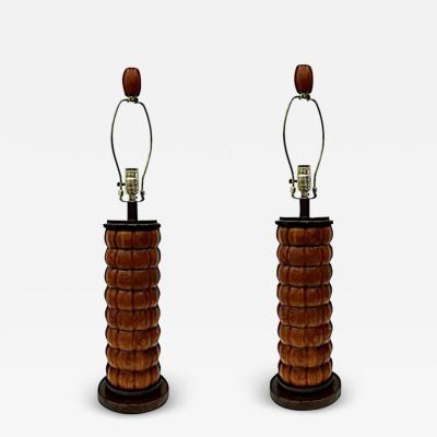 Mid Century Modernist Wood Table Lamps with New Shades Pair