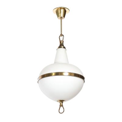 Mid Century Murano Glass Brass Banded Detailed Pendant Chandelier