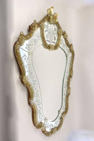 Mid Century Murano Glass Wall Mirror With Gilt Glass Flowers IT ca 1950