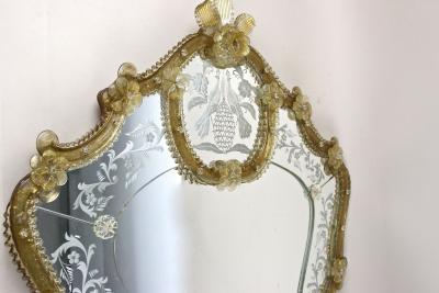 Mid Century Murano Glass Wall Mirror With Gilt Glass Flowers IT ca 1950