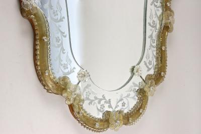 Mid Century Murano Glass Wall Mirror With Gilt Glass Flowers IT ca 1950