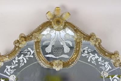 Mid Century Murano Glass Wall Mirror With Gilt Glass Flowers IT ca 1950