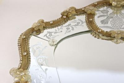 Mid Century Murano Glass Wall Mirror With Gilt Glass Flowers IT ca 1950