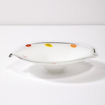 Mid Century Oblong Hand Blown Murano White w Millefiori Detailing Glass Bowl