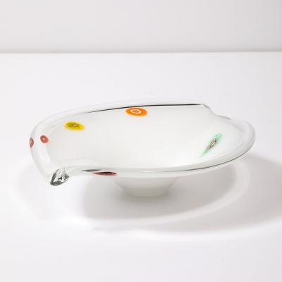 Mid Century Oblong Hand Blown Murano White w Millefiori Detailing Glass Bowl