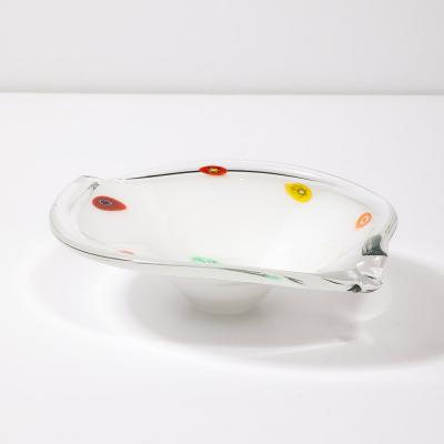Mid Century Oblong Hand Blown Murano White w Millefiori Detailing Glass Bowl