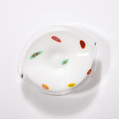 Mid Century Oblong Hand Blown Murano White w Millefiori Detailing Glass Bowl