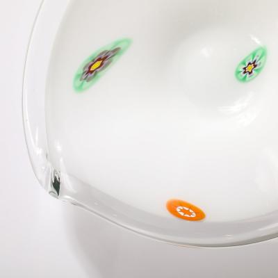 Mid Century Oblong Hand Blown Murano White w Millefiori Detailing Glass Bowl
