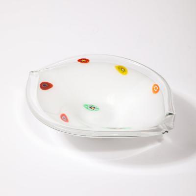 Mid Century Oblong Hand Blown Murano White w Millefiori Detailing Glass Bowl