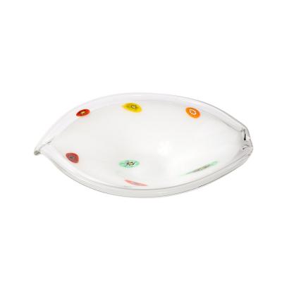 Mid Century Oblong Hand Blown Murano White w Millefiori Detailing Glass Bowl