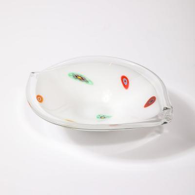 Mid Century Oblong Hand Blown Murano White w Millefiori Detailing Glass Bowl