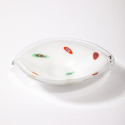 Mid Century Oblong Hand Blown Murano White w Millefiori Detailing Glass Bowl