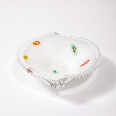 Mid Century Oblong Hand Blown Murano White w Millefiori Detailing Glass Bowl