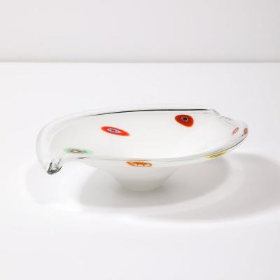 Mid Century Oblong Hand Blown Murano White w Millefiori Detailing Glass Bowl