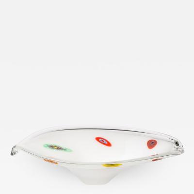 Mid Century Oblong Hand Blown Murano White w Millefiori Detailing Glass Bowl