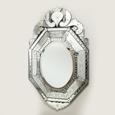 Mid Century Octagonal Tiered Reversed Etched Chain Beveled Venetian Mirror