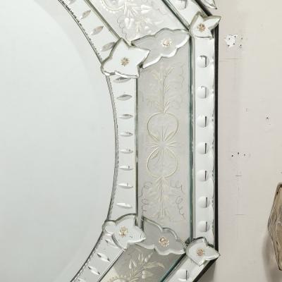Mid Century Octagonal Tiered Reversed Etched Chain Beveled Venetian Mirror