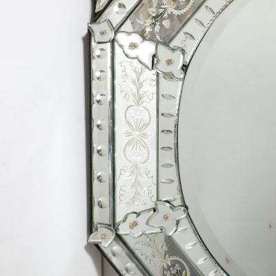 Mid Century Octagonal Tiered Reversed Etched Chain Beveled Venetian Mirror