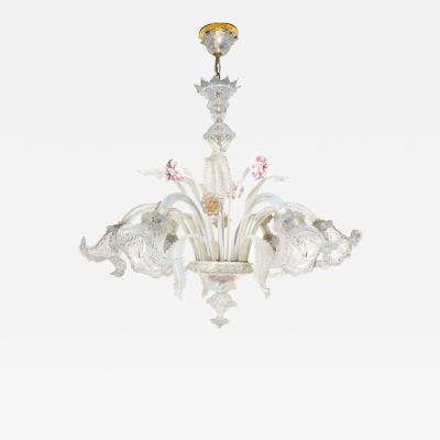 Mid Century Opalescent 6 Arm Floral Hand Blown Murano Glass Brass Chandelier