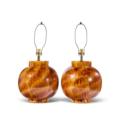Mid Century Orange Drip Glaze Table Lamp Pair