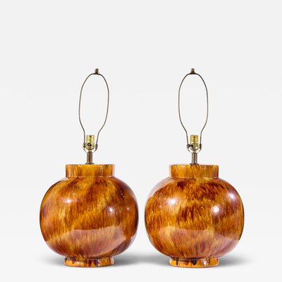 Mid Century Orange Drip Glaze Table Lamp Pair