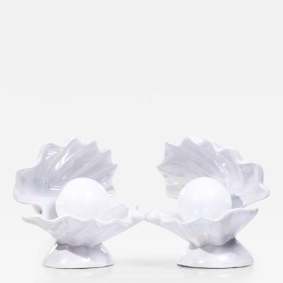 Mid Century Oyster Shell Shaped Porcelain Lamps Pair