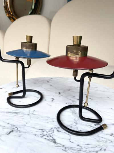 Mid Century Pair of Candle Holders Lacquered metal and Brass Italy 1950s