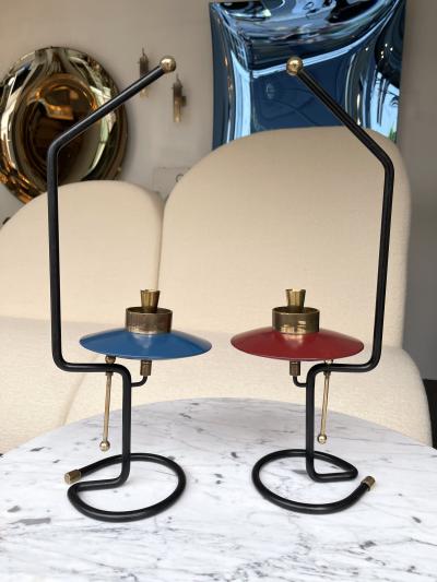 Mid Century Pair of Candle Holders Lacquered metal and Brass Italy 1950s