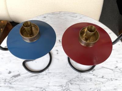 Mid Century Pair of Candle Holders Lacquered metal and Brass Italy 1950s