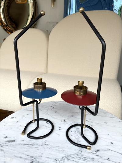 Mid Century Pair of Candle Holders Lacquered metal and Brass Italy 1950s