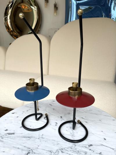 Mid Century Pair of Candle Holders Lacquered metal and Brass Italy 1950s