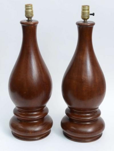 Mid Century Pair of Dark Hand Turned Wood Table Lamps