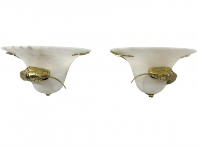 Mid Century Pair of Snake Wall Lights Brass and Alabaster Italy 1970s