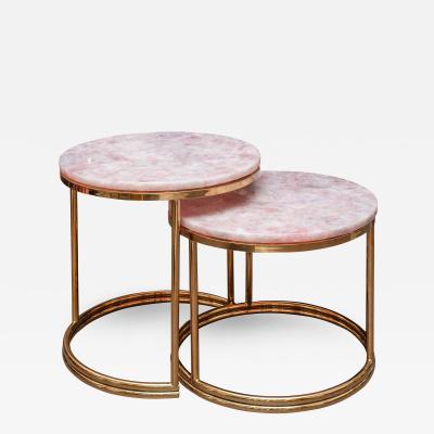 Mid Century Pair of Soft Pink Rose Quartz and Brass Nesting Table