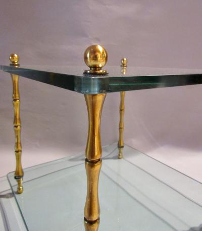 Mid Century Pair of Two Tiered Glass Top Lacquered Brass Side Tables 1960
