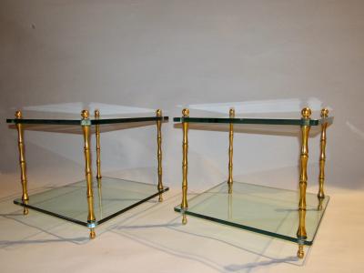 Mid Century Pair of Two Tiered Glass Top Lacquered Brass Side Tables 1960