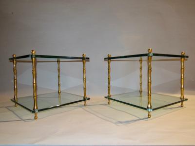 Mid Century Pair of Two Tiered Glass Top Lacquered Brass Side Tables 1960