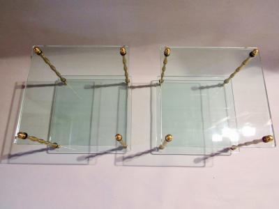 Mid Century Pair of Two Tiered Glass Top Lacquered Brass Side Tables 1960