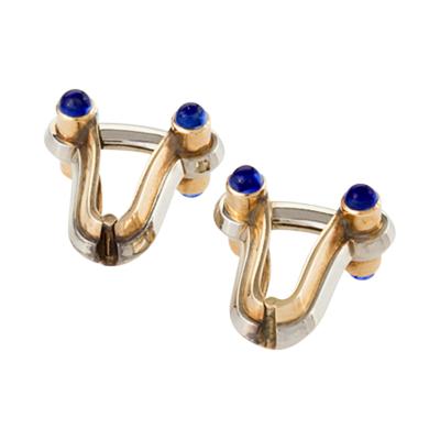 Mid Century Platinum Gold and Blue Sapphire Cuff Links