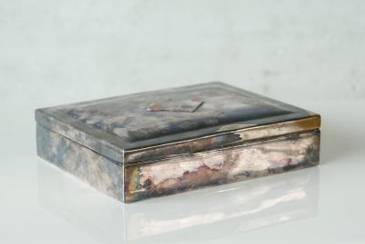 Mid Century Playing Cards Box in Patinated Silver Plated Brass and Velvet 1960s