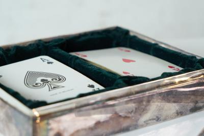 Mid Century Playing Cards Box in Patinated Silver Plated Brass and Velvet 1960s