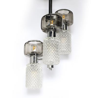 Mid Century Pressed Crystal Smoked Murano Glass Staggered 3 Arm Pendant